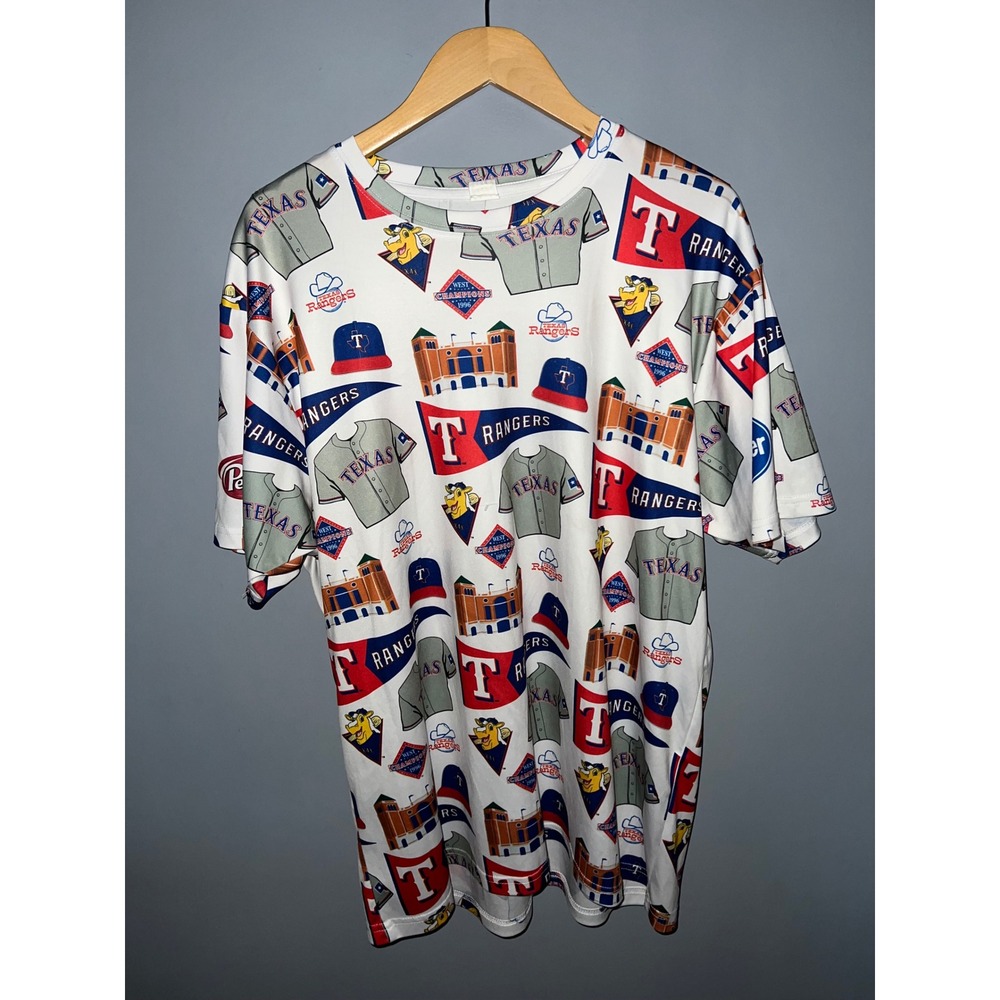 Texas Rangers MLB All Over Print T-Shirt 1996 West Champions White Mens Large